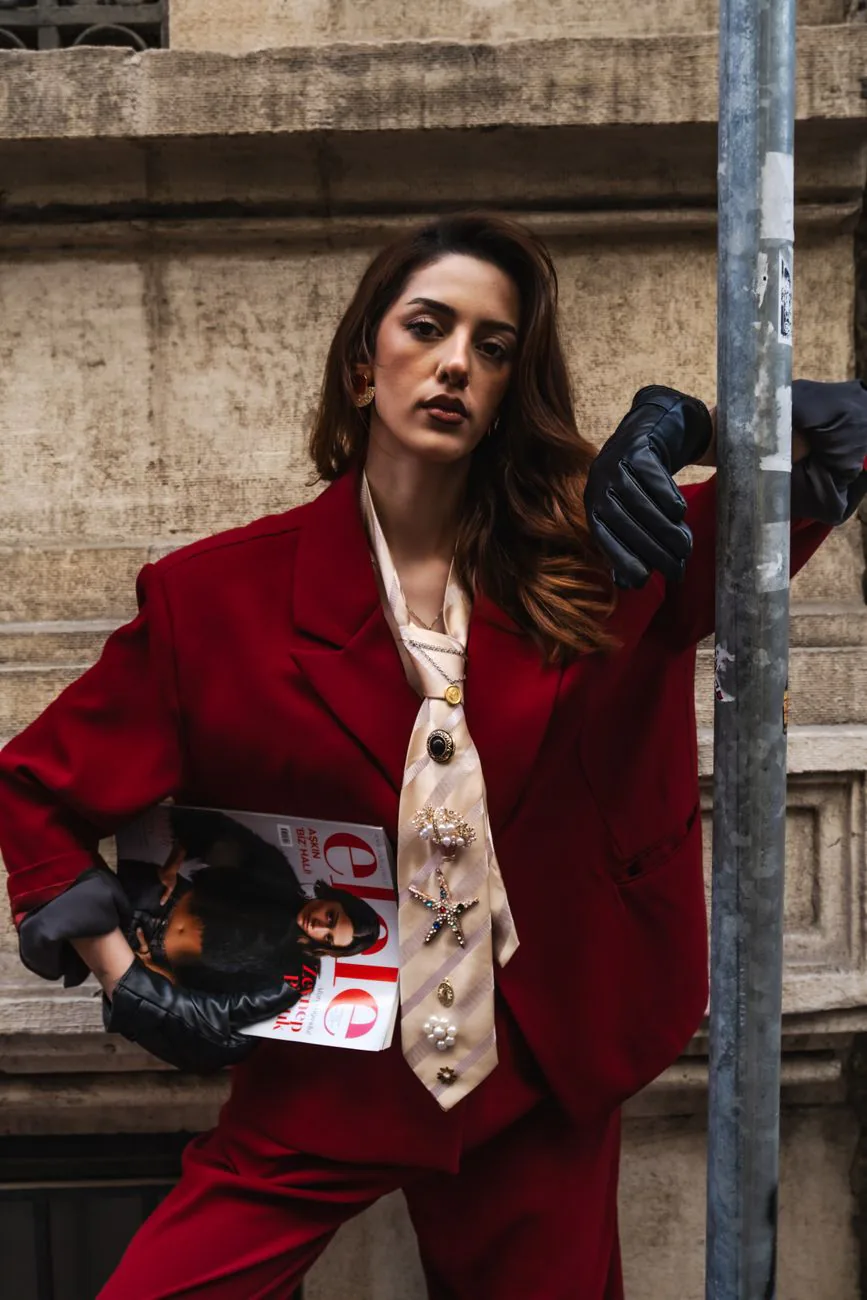 Stylish model in red suit